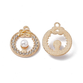 Alloy Crystal Rhinestones Pendants, Ring with ABS Plastic Imitation Pearl Beaded Charms, Golden, 21.7x18x5mm, Hole: 1.8mm