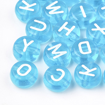 Transparent Acrylic Beads, Horizontal Hole, Mixed Letters, Flat Round, Deep Sky Blue, 7x4mm, Hole: 1.5mm