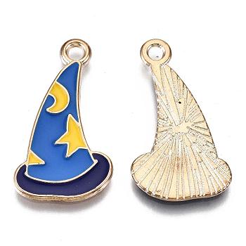Alloy Pendants, Cadmium Free & Lead Free, with Enamel, Witch Hat with Star and Moon, Light Gold, Cornflower Blue, 26x14.5x1mm, Hole: 2mm