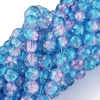 1Strand Two Tone Transparent Crackle Glass Round Beads Strands, Dodger Blue, 8mm, Hole: 1.3~1.6mm, about 100pcs/strand, 31.4 inch