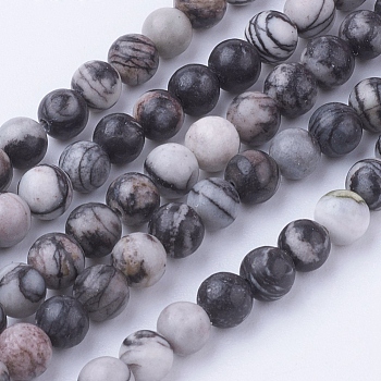 Natural Netstone Round Beads Strands, Black Silk Stone, 4~4.5mm, Hole: 1mm, about 85~90pcs/strand, 14.9 inch(38cm)