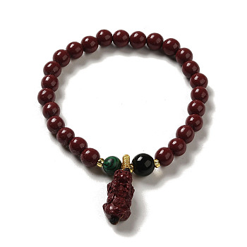 6mm Round Cinnabar Mala Stretch Bracelets, with Synthetic Malachite and Natural Agate, Pi Xiu, Inner Diameter: 2 inch(4.95~5.1cm)