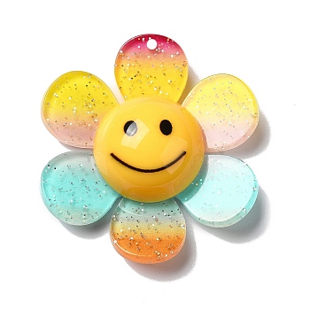 Acrylic Big Pendants with Glitter Powder, Flower with Smile, Colorful, 52x48x14.5mm, Hole: 2mm