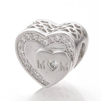 Mother's Day Theme, Brass Micro Pave Cubic Zirconia European Beads, Large Hole Beads, Heart with Word Mom, Platinum, 11.5x10.5x8.5mm, Hole: 4.5mm