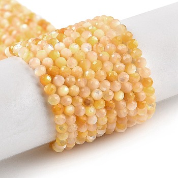 Natural Yellow Shell Beads Strands, Faceted, Round, PeachPuff, 3~3.5mm, Hole: 0.6mm, about 138pcs/strand, 15.55 inch(39.5cm)