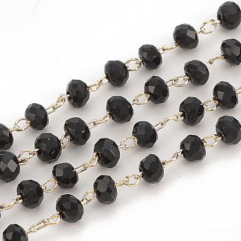 Handmade Glass Beaded Chains, Soldered, with Brass Findings, Faceted, Rondelle, Black, Real 18K Gold Plated, 3mm