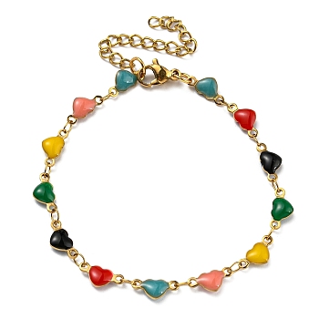 Golden 304 Stainless Steel Heart Link Chain Bracelet with Enamel, Colorful, 6-7/8 inch(17.5cm)