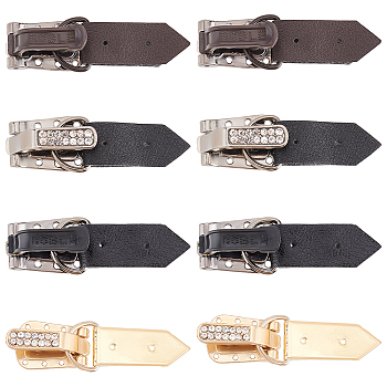 16 Sets 4 Style Iron Rhinestone Duckbill Buckles, Fold Over Clasps, with PU Leather and Zinc Alloy Findings, for Coat Making, Mixed Color, 21.5~23x14~15x12.5~14mm, Hole: 1.4~1.5mm and 8~8.5x4.6~6mm, 4 sets/style