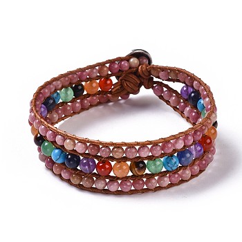 Natural Rhodonite Beaded Cord Bracelets, with Mixed Stone, Leather Cord and Alloy Clasps, Tree, 8-5/8 inch(22cm), 20mm