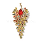 Alloy Rhinestone Brooch for Women, Peacock, Siam, 108x49x11.5mm(JEWB-C024-01G-02)