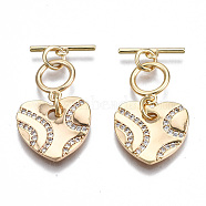 Brass Micro Pave Clear Cubic Zirconia Toggle Clasps, Nickel Free, Heart, Real 18K Gold Plated, 29mm, Heart: 13.5x14.5x1.5mm, Bar: 3x13x1mm, Tube Bails: 10x8x1mm, Jump Ring: 4.9x0.7mm, 3.5mm inner diameter(KK-S356-310-NF)