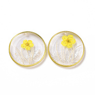 Transparent Clear Epoxy Resin Pendants, with Edge Golden Plated Brass Loops, Flat Round Charms with Inner Flower, Yellow, 22x4mm, Hole: 1.4mm(RESI-L036-09G)