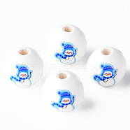 Painted Natural Wood Round Beads, Christmas Style, Snowman, Cornflower Blue, 16x15mm, Hole: 4mm(WOOD-N006-183)