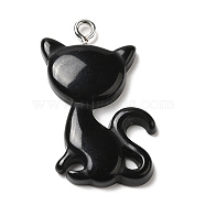 Opaque Resin Pendants, Cat Shaped Charms with Platinum Tone Iron Loops, Black, 30~30.5x21x4~5mm, Hole: 2mm(RESI-G069-03A)