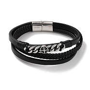 Men's Braided Black PU Leather Cord Multi-Strand Bracelets, 304 Stainless Steel Twisted Chain Bracelets with Magnetic Clasps, Antique Silver, 8-1/2 inch(21.5cm)(BJEW-K243-04AS)