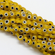 Handmade Evil Eye Lampwork Flat Round Bead Strands, Gold, 8x3.2mm, Hole: 1mm, about 49pcs/strand, 14.56 inch(X1-LAMP-L058-8mm-01)