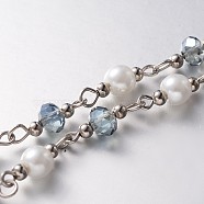 Handmade Faceted Rondelle Glass Beads Chains for Necklaces Bracelets Making, with Glass Pearl Beads, Iron Spacer Beads and Iron Eye Pin, Unwelded, Platinum, Light Steel Blue, 39.3 inch, about 60pcs/strand(AJEW-JB00122-03)