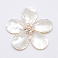 Natural White Shell Mother of Pearl Shell Flower Big Pendants, with Platinum Plated Brass Findings and Pearl Beads, Floral White, 43x46x14mm, Hole: 4x7mm(SSHEL-J032MS-05)