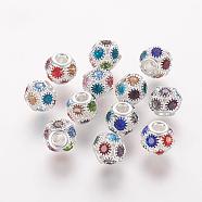 Brass Beads, with Grade A Rhinestone, Rondelle, Silver Color Plated, Colorful, 10x9mm, Hole: 2.5mm(RB-K050-10mm-A05)