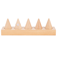 5-Slot Wood Finger Ring Display Stands, with Wood Base, Cone, BurlyWood, Cone: 3.9x2.9cm, Rectangle Base: about 220x50x22mm, about 6pcs/set(RDIS-WH0011-08)