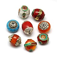 Handmade Tibetan Style Beads, Thailand 925 Sterling Silver or Brass with Turquoise, Beeswax or Synthetic Coral, Mixed Shapes, Mixed Color, 24~34x21~25x14~19mm, Hole: 1.5~3mm(TIBEB-K023-20)