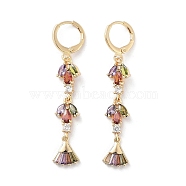 Fan Rack Plating Golden Brass Dangle Leverback Earrings, with Cubic Zirconia for Women, Colorful, 49x8.5mm(EJEW-A030-04G-01)