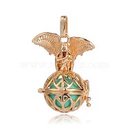 Golden Plated Brass Hollow Round Cage Pendants, with No Hole Spray Painted Brass Beads, Turquoise, 38x31x20mm, Hole: 3x8mm(KK-J252-03G)