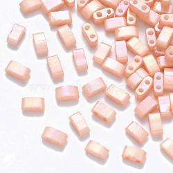 2-Hole Baking Painted Glass Seed Beads, AB Color Plated, Rectangle, Light Salmon, 4.5~5.5x2x2~2.5mm, Hole: 0.5~0.8mm, about 2000pcs/bag(SEED-S031-M-596)