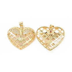 Brass Micro Pave Cubic Zirconia Pendants, Hollow Heart with Bird Charm, Golden, 29x27x8mm, Hole: 5x3mm(ZIRC-P106-13G)