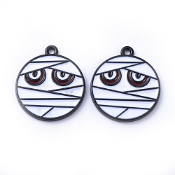 Gunmetal Plated Alloy Enamel Pendants, for Halloween, Mummy , Flat Round, White, 23x20x2mm, Hole: 1mm(ENAM-D040-D01-B)