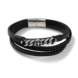 Men's Braided Black PU Leather Cord Multi-Strand Bracelets, 304 Stainless Steel Twisted Chain Bracelets with Magnetic Clasps, Antique Silver, 8-1/2 inch(21.5cm)(BJEW-K243-04AS)