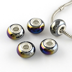 Rondelle AB-Color Handmade Porcelain European Beads, with Silver Color Plated Brass Cores, Large Hole Beads, Black, 14~16x9~10mm, Hole: 5mm(X-PORC-R042-C01)