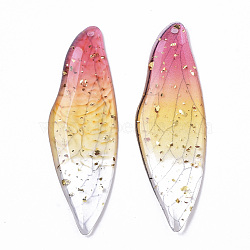 Transparent Epoxy Resin Big Pendants, with Gold Foil, Insects Wing, Deep Pink, 51x16.5x1~2.5mm, Hole: 1.2mm(X-RESI-T046-01A)