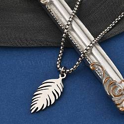 201 Stainless Steel Laser Cut Leaf Pendant Box Chain Necklaces for Women Men, Stainless Steel Color, 23.62 inch(60cm)(NJEW-Q004-08P)