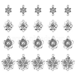 20Pcs 4 Styles Tibetan Style Zinc Alloy Connector Charms, Flower Links, Antique Silver, 14~21x10~26x2~3.5mm, Hole: 1.4~1.8mm, 5pcs/style(FIND-YW0003-08)