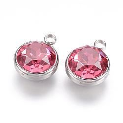 K9 Glass Rhinestone Pendants, October Birthstone Charms, with 304 Stainless Steel Findings, Flat Round, Hot Pink, 18x14x9mm, Hole: 2.5mm(STAS-F123-26H)
