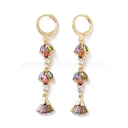 Fan Rack Plating Golden Brass Dangle Leverback Earrings, with Cubic Zirconia for Women, Colorful, 49x8.5mm(EJEW-A030-04G-01)