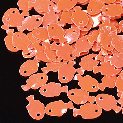 Ornament Accessories, PVC Plastic Paillette/Sequins Charms, Fish, Coral, 8x5x0.3mm, Hole: 0.8mm, about 25000pcs/500g(PVC-T003-01F)