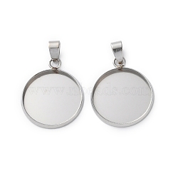 304 Stainless Steel Pendant Cabochon Settings, Flat Round Charms, Stainless Steel Color, Tray: 18mm, 23.5x19.5x2mm, Hole: 6x3.5mm(STAS-L282-010P-07)