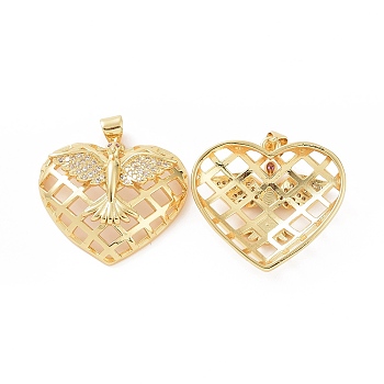 Brass Micro Pave Cubic Zirconia Pendants, Hollow Heart with Bird Charm, Golden, 29x27x8mm, Hole: 5x3mm