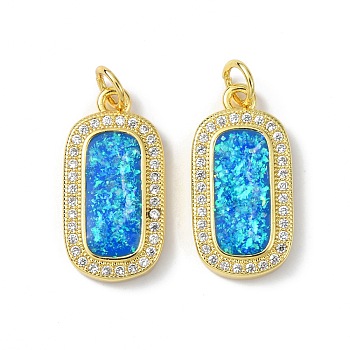 Brass Micro Pave Cubic Zirconia Pendants, with Synthetic Opal and Jump Ring, Rectangle, Real 18K Gold Plated, 20x10x3mm, Hole: 3.5mm