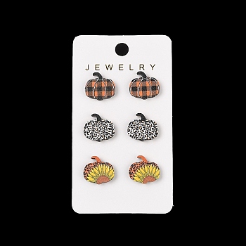 Wood Stud Steel Needle Earrings, Pumpkin, Platinum, Mixed Color, 14x15mm