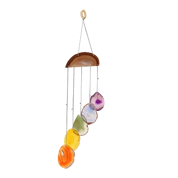 Wood & Natural Dye Agate Wind Chime Pendants, Chakra Stones Wall Hanging Ornament, for Home Decor, Colorful, 457x102.5~150mm