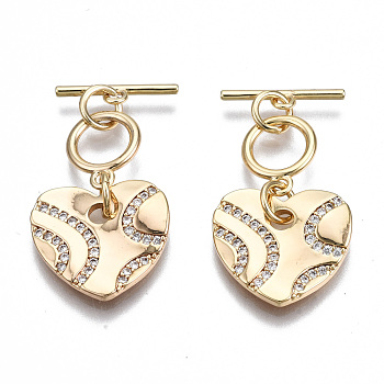 Brass Micro Pave Clear Cubic Zirconia Toggle Clasps, Nickel Free, Heart, Real 18K Gold Plated, 29mm, Heart: 13.5x14.5x1.5mm, Bar: 3x13x1mm, Tube Bails: 10x8x1mm, Jump Ring: 4.9x0.7mm, 3.5mm inner diameter