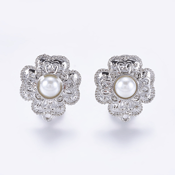 Alloy Stud Earring Findings, with Loop and Acrylic Pearls, Flower, Platinum, 22x19.5mm, Hole: 1mm, Pin: 0.7mm