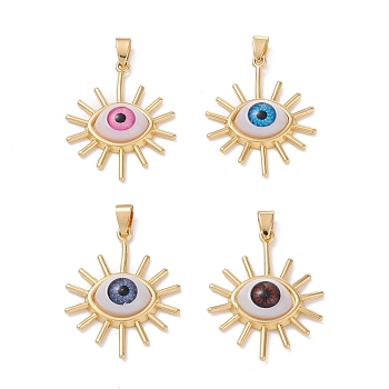Brass Pendants, with Resin Cabochons, Long-Lasting Plated, Sun with Evil Eye, Real 18K Gold Plated, Mixed Color, 34x27x6.5mm, Hole: 6x3.5mm