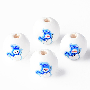 Painted Natural Wood Round Beads, Christmas Style, Snowman, Cornflower Blue, 16x15mm, Hole: 4mm