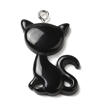 Opaque Resin Pendants, Cat Shaped Charms with Platinum Tone Iron Loops, Black, 30~30.5x21x4~5mm, Hole: 2mm