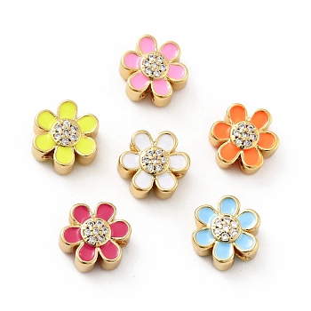 Flower Brass Micro Pave Clear Cubic Zirconia Beads, with Enamel, Cadmium Free & Nickel Free & Lead Free, Mixed Color, 10x9x5mm, Hole: 1.8mm