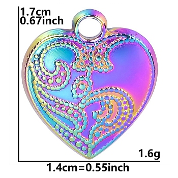 Stainless Steel Pendants, Heart Charm, Rainbow Color, 17x14x1.5mm, Hole: 2mm